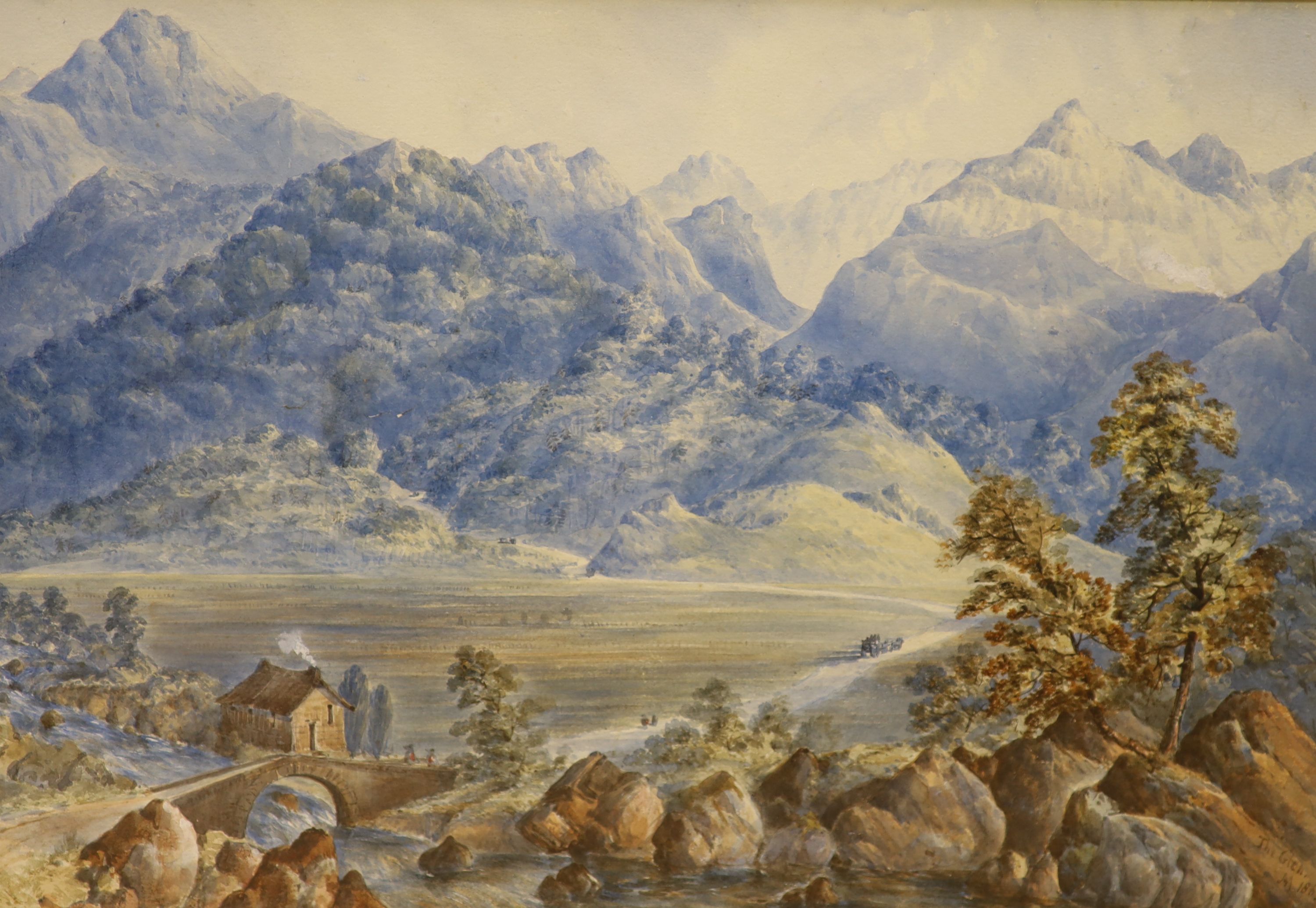 A.M. 19th century, watercolour, The Glen, monogrammed and dated 1863, 31 x 45cm and a 19th century English School, watercolour, Riverside country town, 30 x 44cm